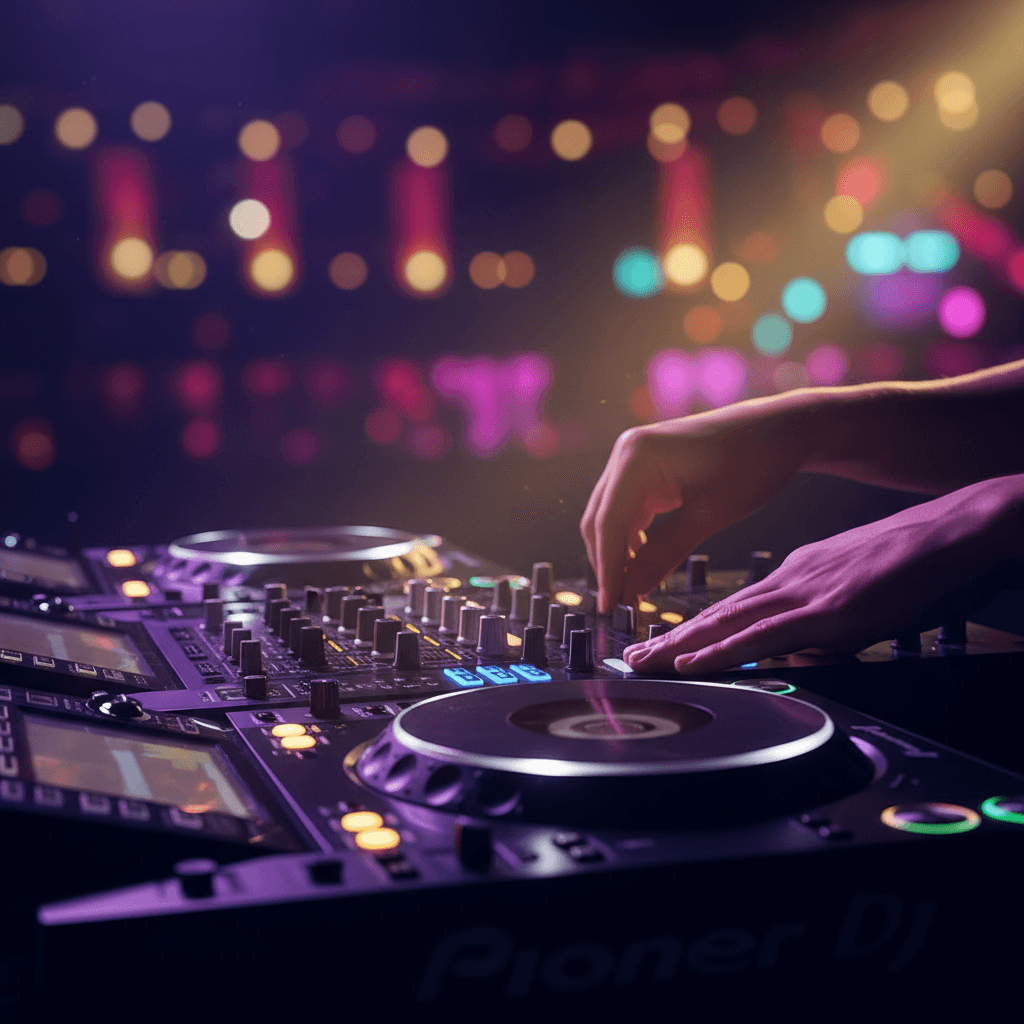 DJ hands on turntables mixing music at an event