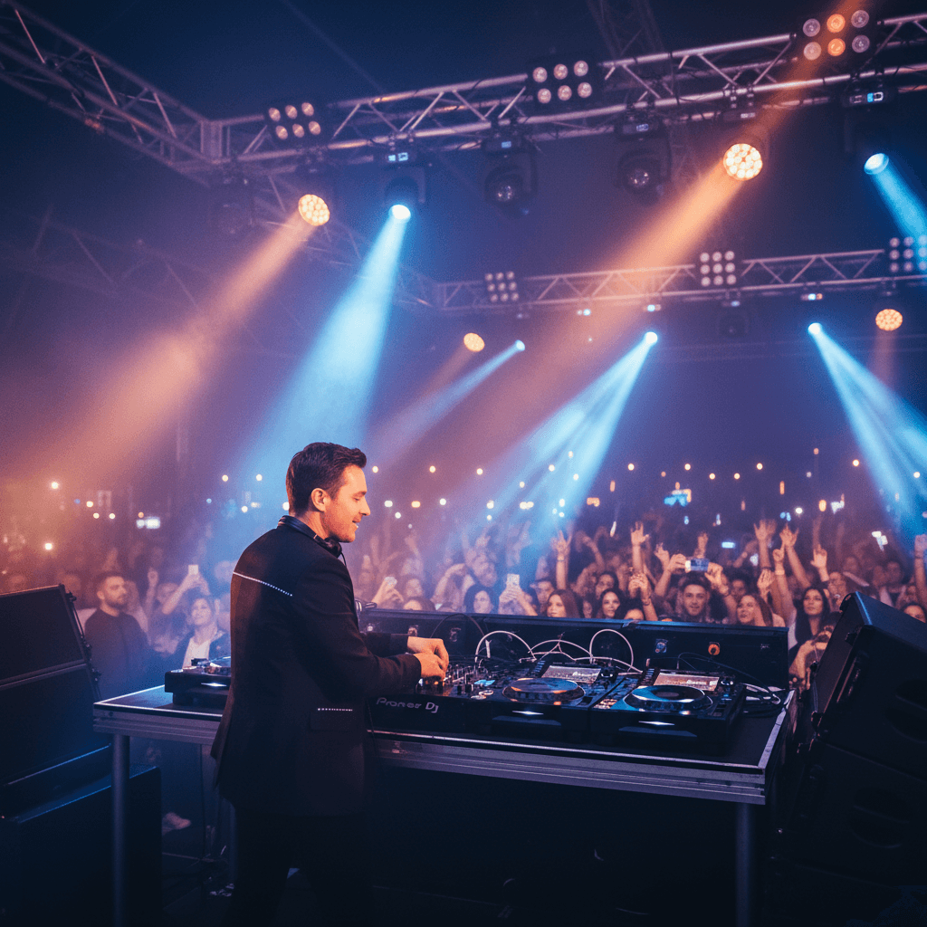 Professional DJ performing with turntables and mixer at a live event