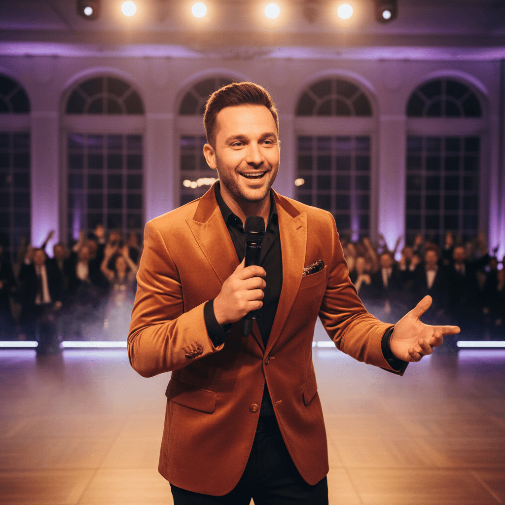Energetic MC on stage engaging an event audience