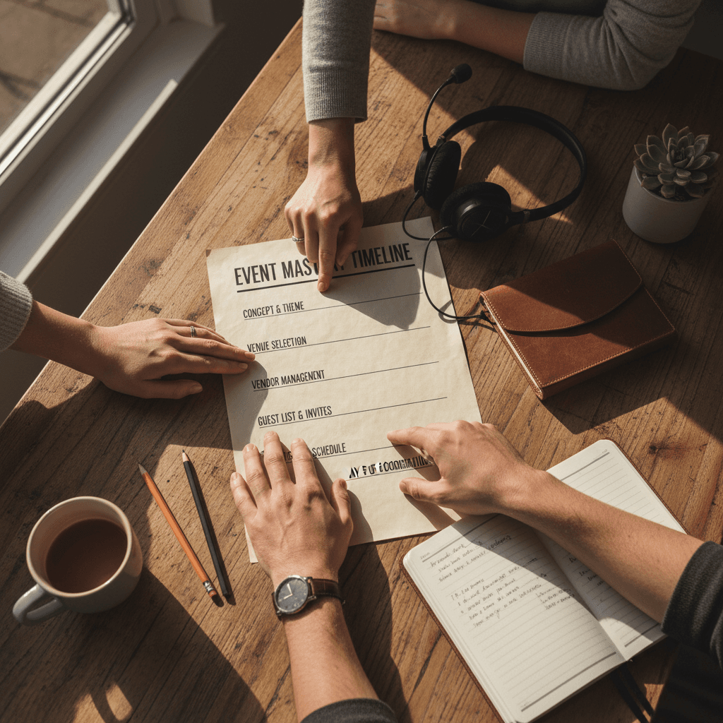 Event coordinator reviewing planning checklist and timeline
