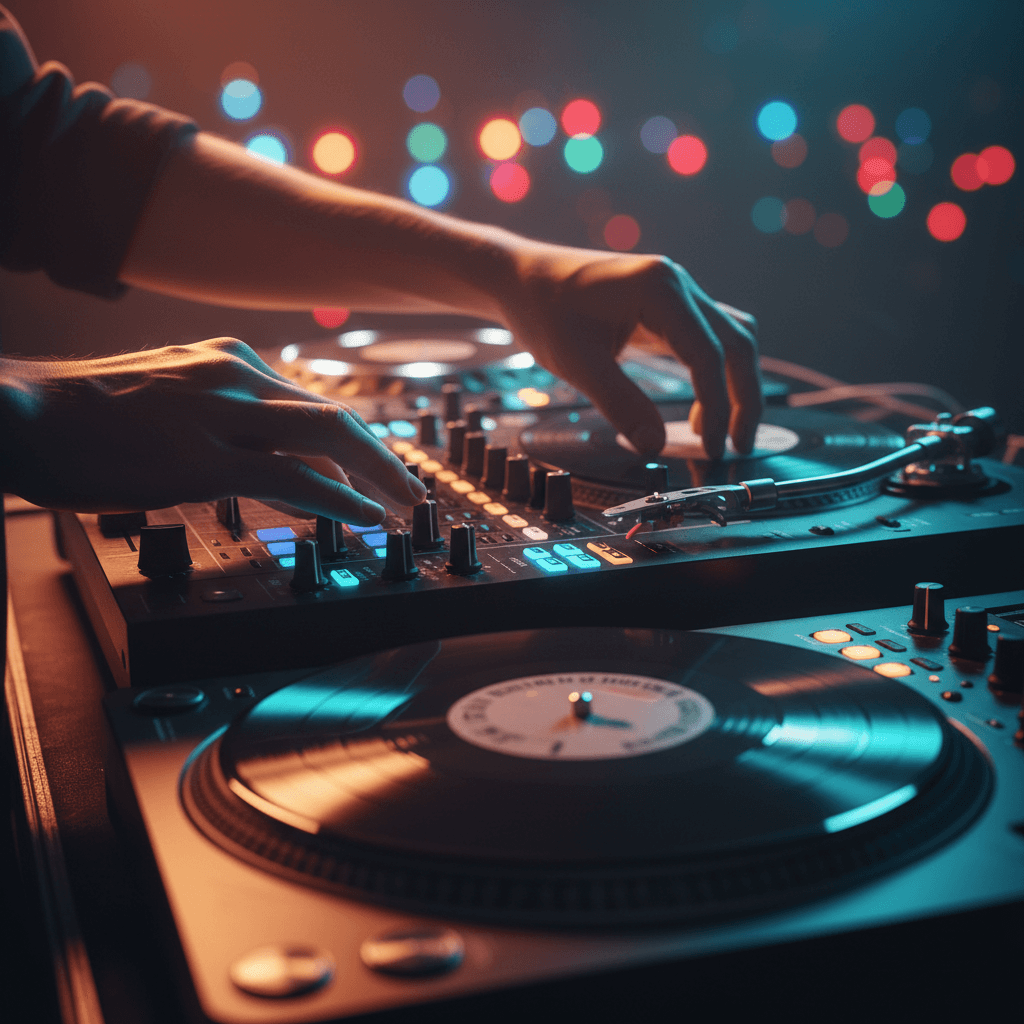DJ's hands working the mixer during live performance