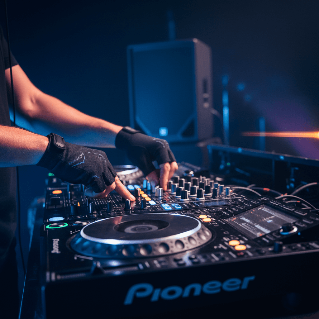 DJ mixing live event with professional audio equipment