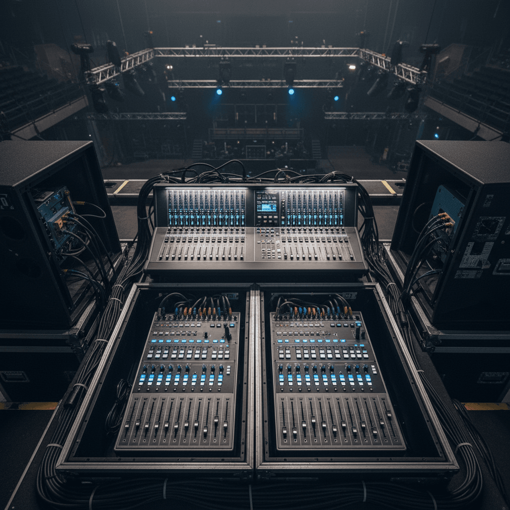 Professional-grade audio and lighting equipment setup