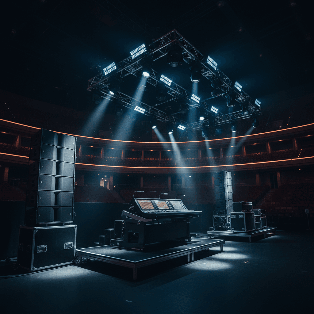 Professional audio and lighting equipment setup