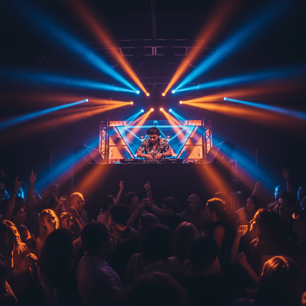 DJ performing at a live event with dynamic lighting